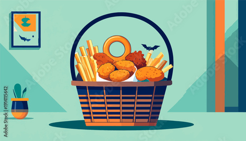 A whimsical illustration of a woven basket overflowing with golden fried snacks, including french fries and chicken nuggets, set against a teal backdrop