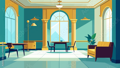 Minimalist room with geometric furniture and arched windows