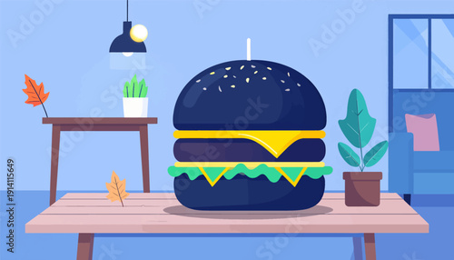 A whimsical illustration of a large, dark blue hamburger with yellow cheese and green lettuce