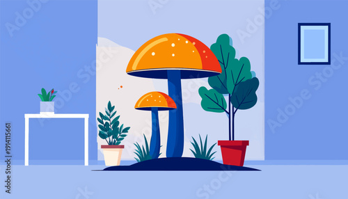 A whimsical indoor scene with giant cartoon mushrooms and potted plants