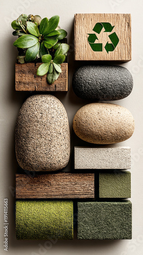 Natural materials are arranged in a wooden tray for Earth Day. Recycling symbols are visible on stones and moss, promoting eco-friendly activities and awareness