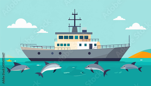 A stylized illustration of a large boat sailing in the sea with dolphins swimming nearby