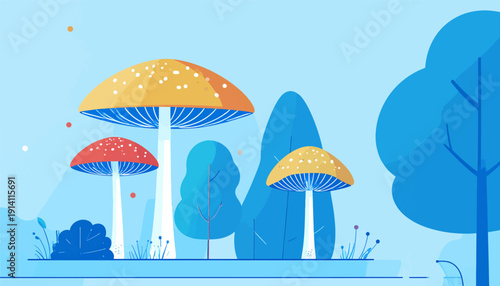A whimsical landscape featuring colorful, stylized mushrooms and abstract trees under a clear blue sky