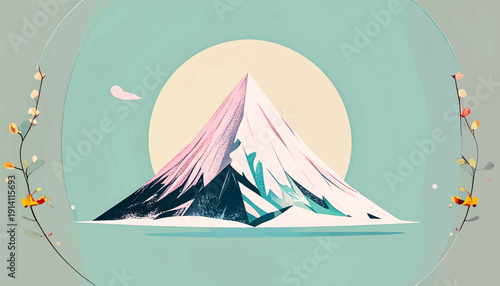 Stylized conical mountain under a soft yellow sun with delicate branches and leaves framing the scene