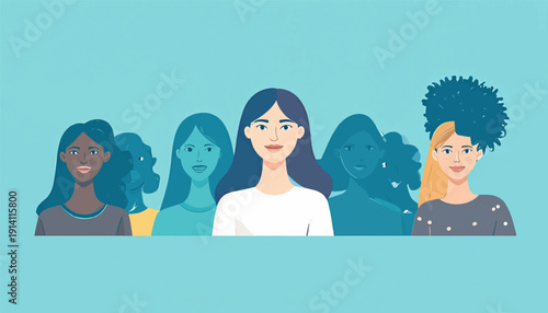 Diverse group of women with different hairstyles, skin tones, and clothing depicted from the chest up on a teal background
