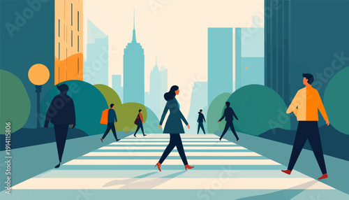 Diverse people cross a city street, passing lush greenery against a backdrop of tall buildings