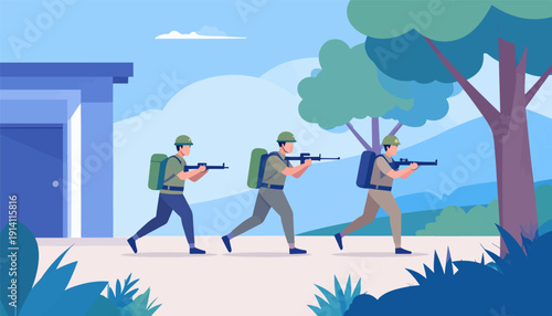 Three soldiers in tactical gear with rifles and backpacks advance forward