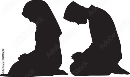 Two silhouettes of people kneeling in prayer black