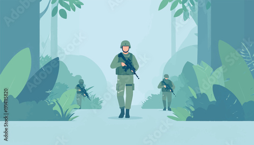 Soldiers advance through a lush, misty forest, carrying rifles