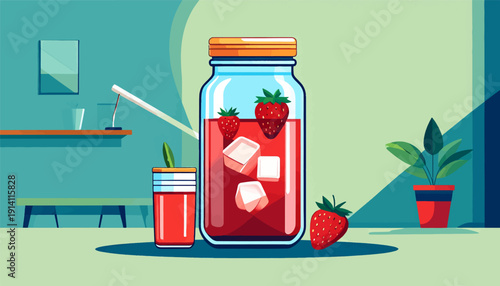 A stylized illustration of a refreshing strawberry drink in a jar and glass, with ice cubes