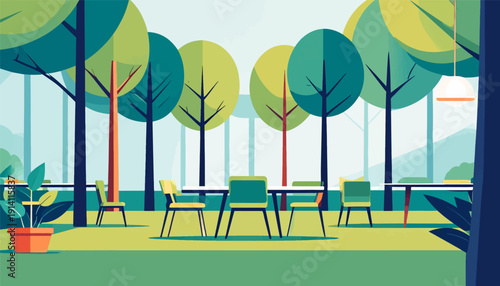 Abstract park cafe with tables, chairs, and potted plant