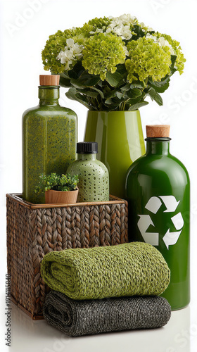Two wooden crates hold plants and green materials in a simple display. Recycling symbols are featured on containers to promote eco-friendly practices for Earth Day