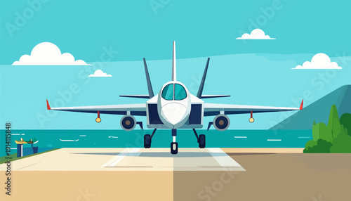 A modern jet fighter rests on a runway with a coastal backdrop