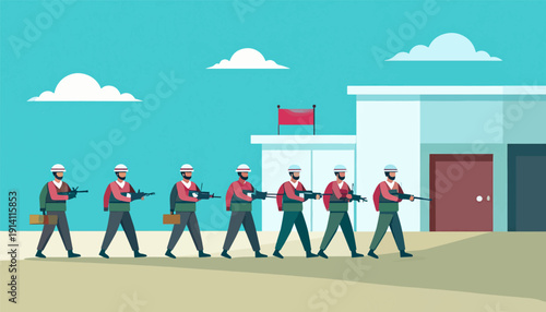 Soldiers in formation, holding rifles, marching past a building with a red flag