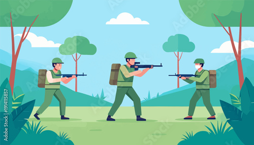 Three soldiers in uniform with rifles in a lush green forest landscape with blue sky and clouds