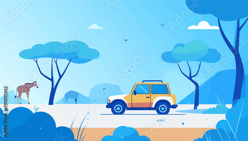 A colorful animated scene of a safari with a giraffe and off-road vehicle under a bright blue sky