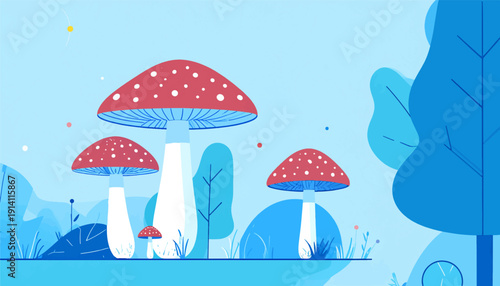 Whimsical flat-design forest scene with vibrant red and white mushrooms and abstract blue trees