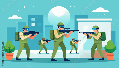 Soldiers in tactical gear advance with rifles through a stylized urban environment under a large moon