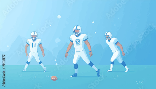 Three stylized American football players in white uniforms stand on a blue field