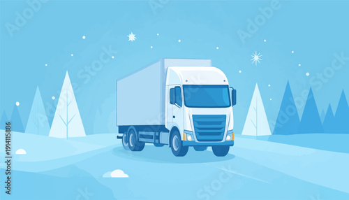 A white truck drives through a snowy, stylized winter landscape with triangular trees