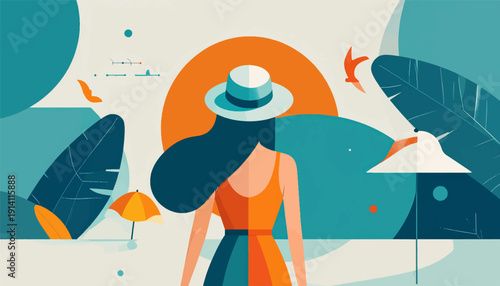 Stylized depiction of a person in a hat and swimsuit on a beach with abstract natural elements