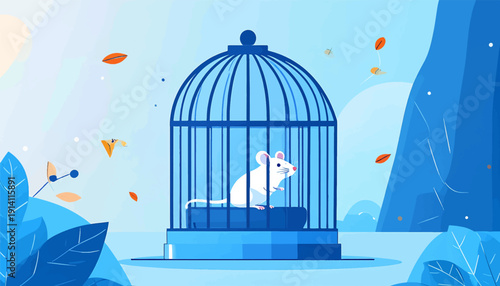A white mouse sits inside a blue cage, with abstract foliage and floating orange leaf-like shapes in the background