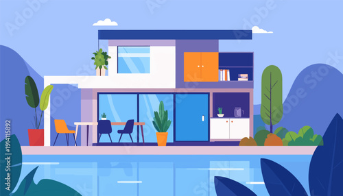 Modern home with a pool, featuring minimalist architecture and lush greenery