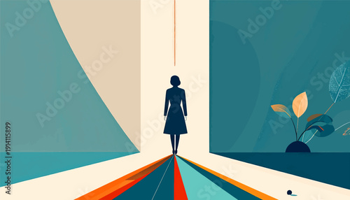 A solitary figure walks towards a bright opening, flanked by abstract shapes and foliage