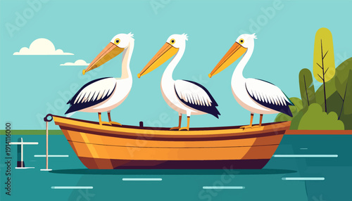 Three white pelicans stand in a wooden boat on a calm blue lake, with trees on the right
