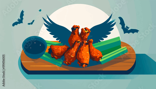 Spicy chicken wings with dipping sauce and celery sticks, with bats flying against a pale moon