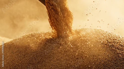 Golden grain is pouring down, creating a massive mound, captured in a dramatic close-up, warmly illuminated by golden light at a large agricultural storage facility.