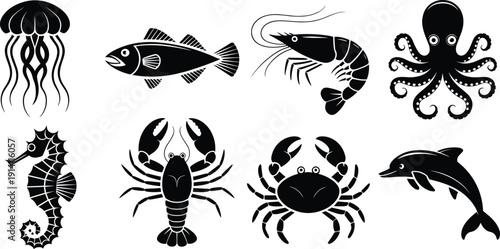 Black vector silhouette set of diverse marine life including octopus jellyfish dolphin seahorse crab lobster shrimp and fish for sea nature and seafood restaurant branding,