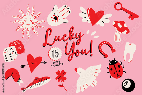 whimsical hand drawn illustration, lucky trinkets, vector illustration