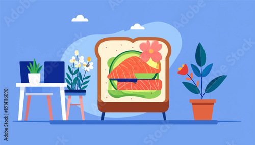 A healthy salmon and avocado sandwich displayed against a blue background with plants and laptops