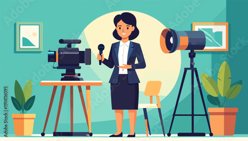 A woman with a microphone stands between a camera and a spotlight on a teal background