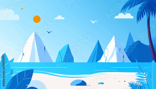 Tropical paradise scene with stylized mountains, ocean, beach, palm tree, and sun