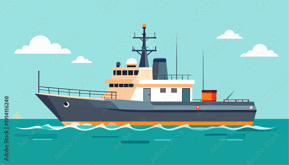 Obraz premium A modern, multi-level vessel navigates calm turquoise waters under a clear blue sky with fluffy white clouds