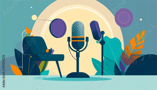 Modern illustration of a podcast setup with microphones and a chair against a stylized background