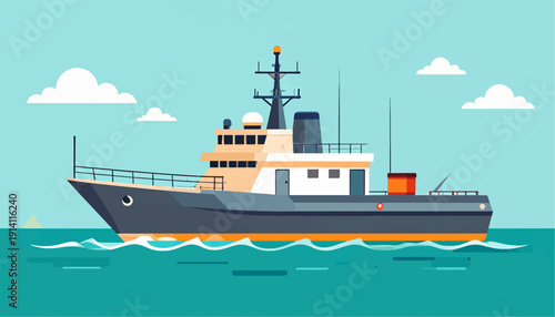 A modern, multi-level vessel navigates calm turquoise waters under a clear blue sky with fluffy white clouds