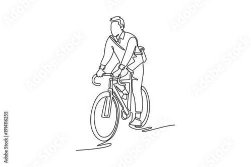 A young man riding a bicycle in formal clothes came to work. Bike to work concept. Single line draw design. Full length animation illustration. High quality 4k footage