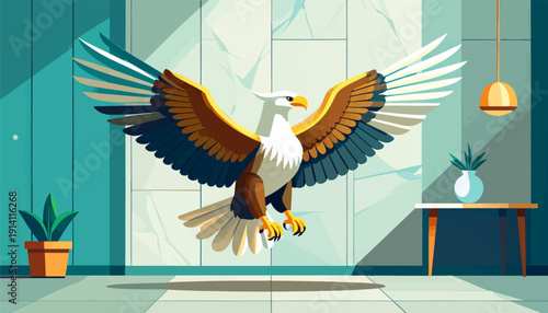 Stylized eagle with outstretched wings in a modern room
