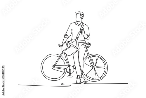 a young man smiling while leaning on his bike. Bike to work concept. Single line draw design. Full length animation illustration. High quality 4k footage