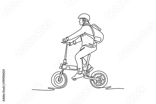 man with helmet and his electric bicycle. Bike to work concept. Single line draw design. Full length animation illustration. High quality 4k footage