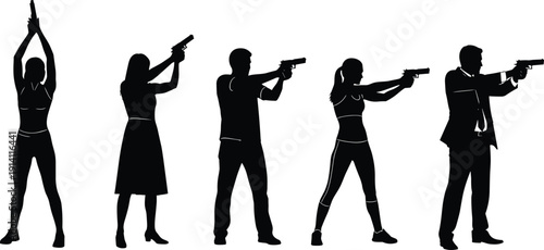 Black vector silhouette set of diverse men and women in various poses holding and aiming handguns for law enforcement tactical training and action branding,