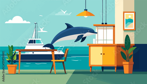 A stylized interior scene opens to a bay with a yacht, a breaching dolphin, and a table