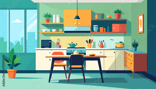 A cozy, flat-design kitchen with a dining table and view of city buildings