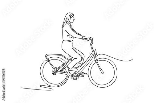 Young business woman riding a bicycle. Bike to work concept. Single line draw design. Full length animation illustration. High quality 4k footage