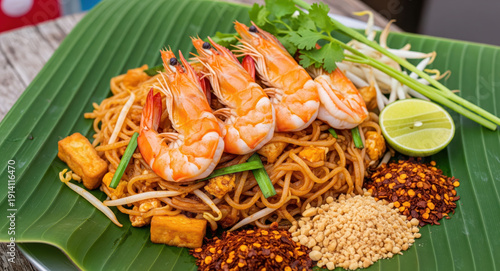Delicious Shrimp Noodles with Fresh Ingredients and Vibrant Garnish
