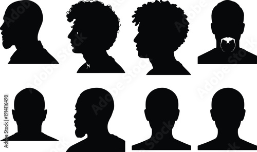 Assortment of male silhouettes and portraits in profile and frontal views, highlighting beards, curly hair, and bald heads, on a white background.