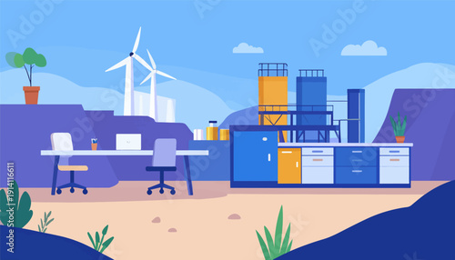 A modern office desk and industrial structures with wind turbines under a clear sky